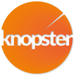 Knopsters logotype. Rund orange cirkel med knopster inuti, i gemener